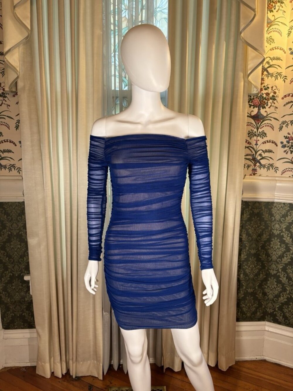 Bebe Cobalt Blue Sheer Mesh Ruched Off Shoulder Long Sleeve Bodycon Mini Dress S
